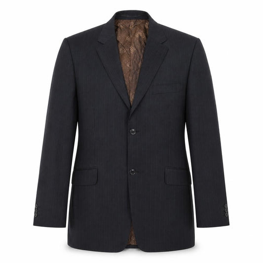 Front view of Burton men’s black striped polyester jacket suit jacket, size 42, regular