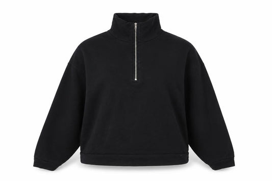 Front view of ASOS women’s black cotton pullover sweatshirt, size UK 10, zip
