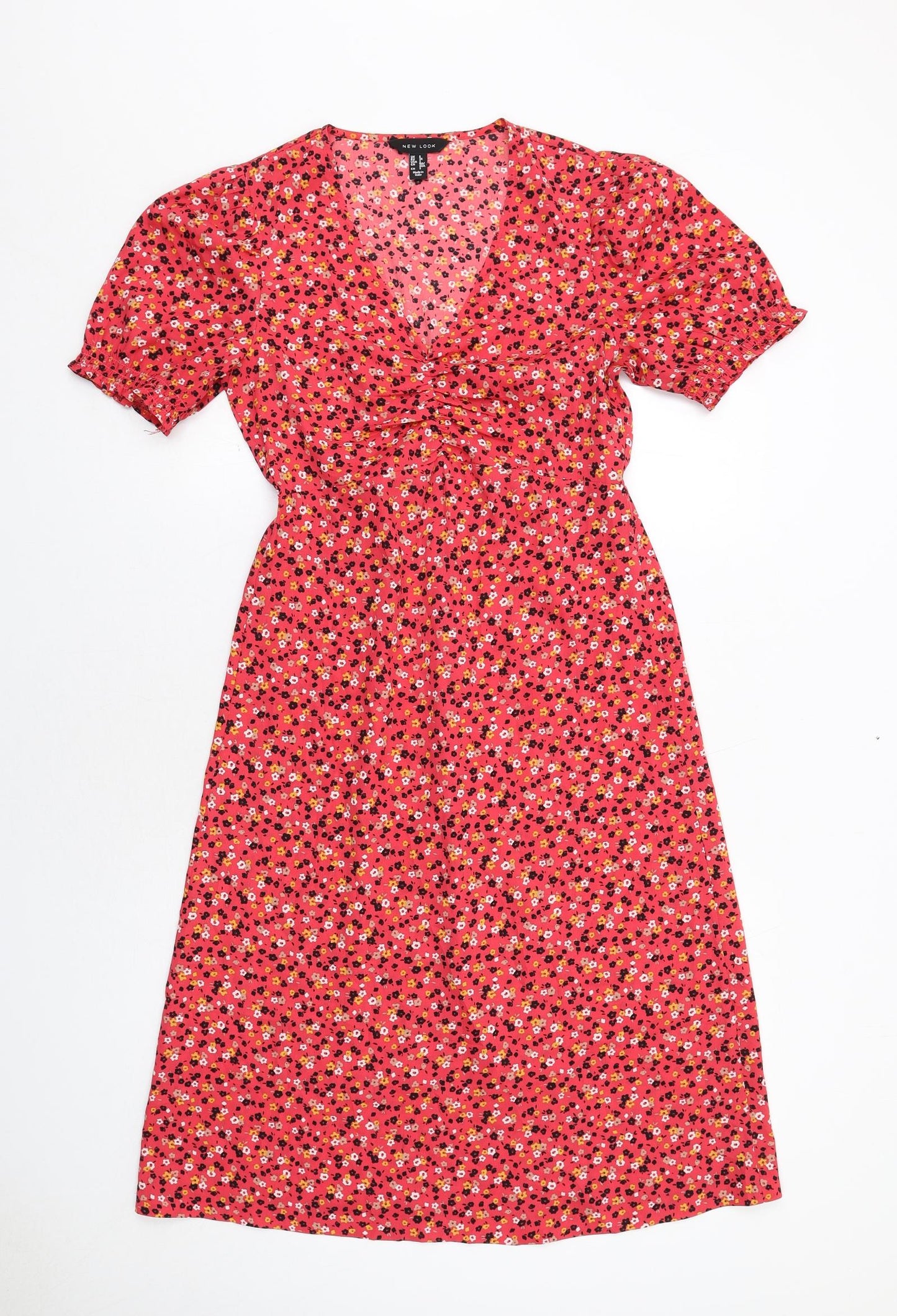 New Look Womens Red Floral Polyester A-Line Size 6 V-Neck Pullover