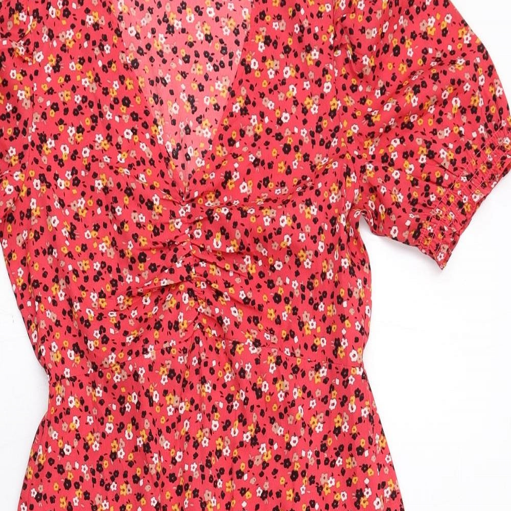 New Look Womens Red Floral Polyester A-Line Size 6 V-Neck Pullover