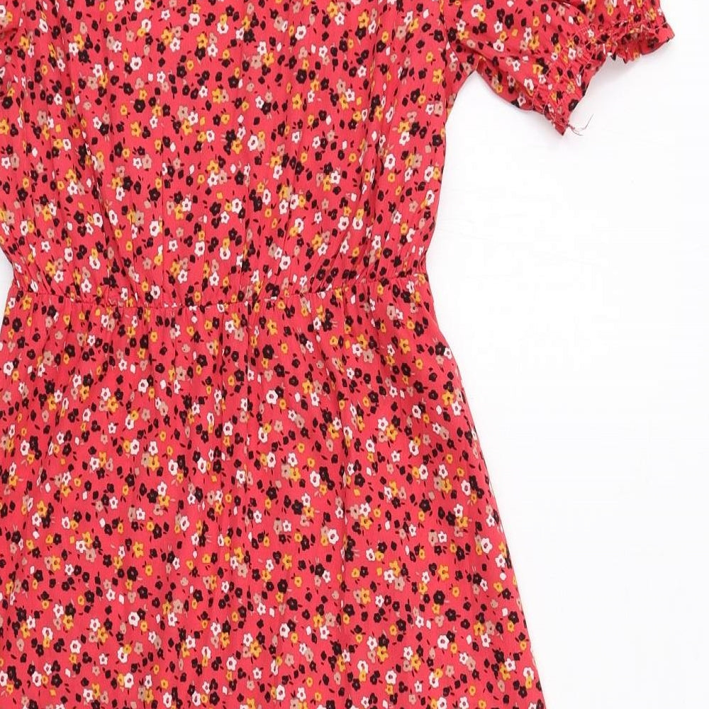New Look Womens Red Floral Polyester A-Line Size 6 V-Neck Pullover