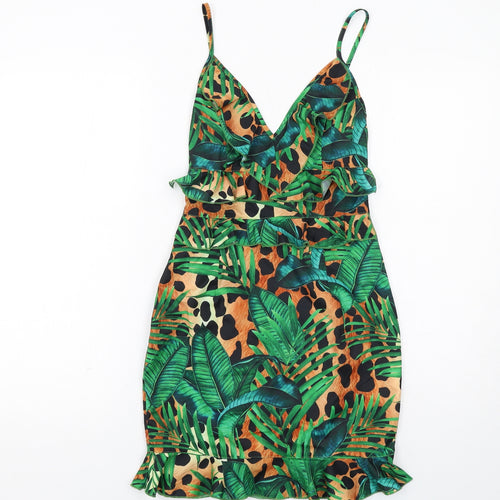 PRETTYLITTLETHING Womens Green Geometric Polyester Mini Size 4XL V-Neck Zip - Open Back
