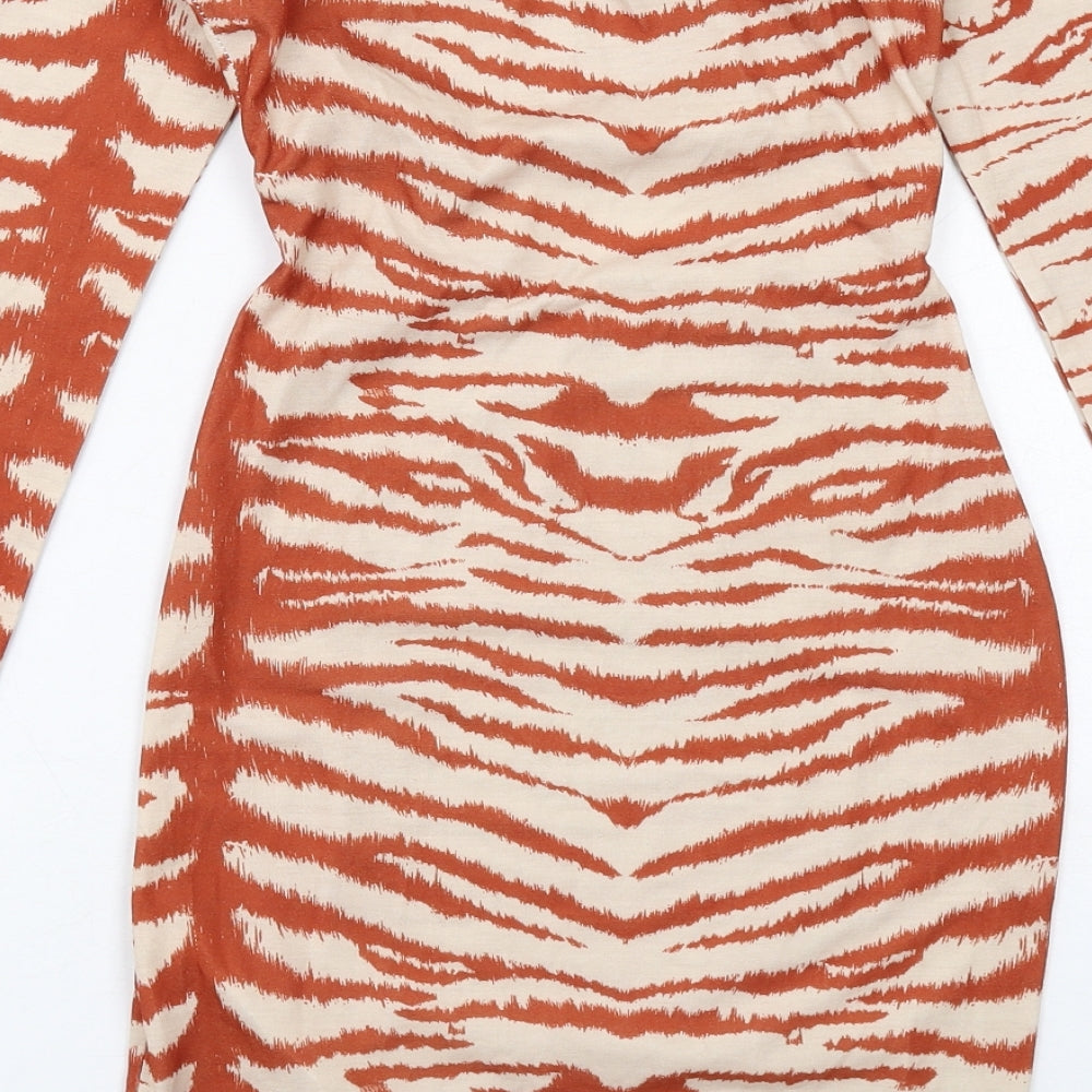 Missguided Womens Beige Geometric Viscose Bodycon Size 8 Round Neck Pullover