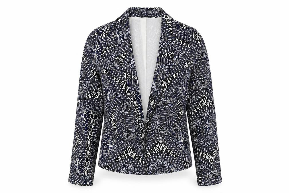 Front view of New Look women’s blue geometric jacket blazer, size UK 10
