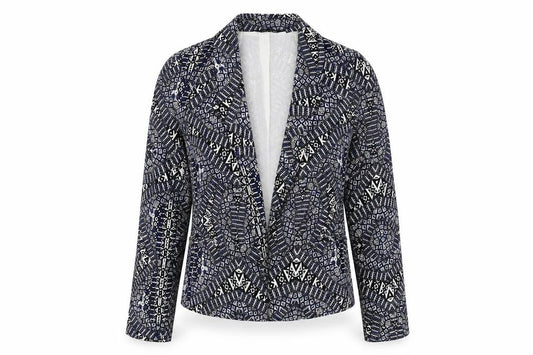 Front view of New Look women’s blue geometric jacket blazer, size UK 10