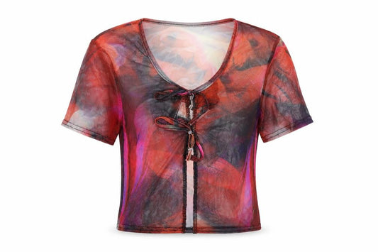 Front view of PRETTYLITTLETHING women’s multicoloured geometric polyester basic t-shirt, size UK 8, round neck
