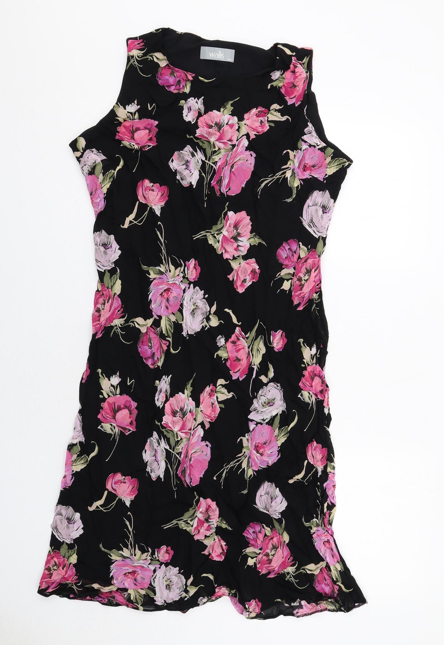 Wallis Womens Black Floral Viscose A-Line Size 14 Round Neck Pullover