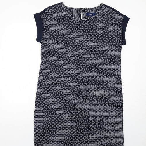 NEXT Womens Blue Geometric Polyester Shift Size 12 Round Neck Button