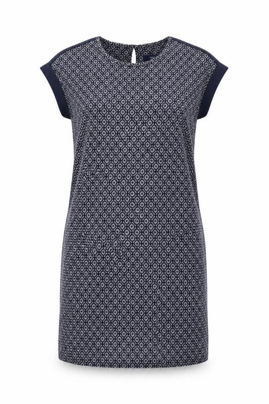 Front view of Next women’s blue geometric polyester shift, size UK 12, round neck button