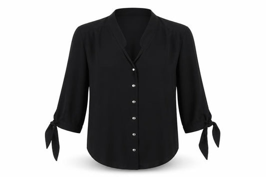 Front view of Dorothy Perkins women’s black polyester basic button-up, size UK 10, collared