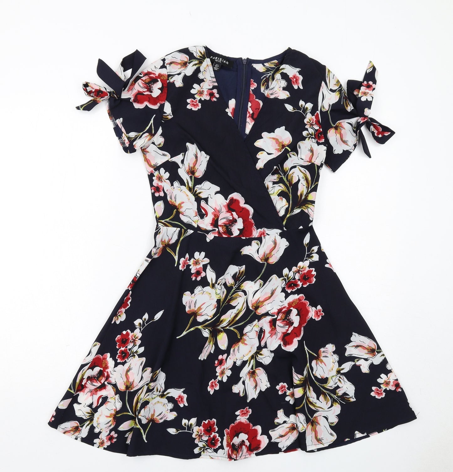 PARISIAN SIGNATURE Womens Blue Floral Polyester Fit & Flare Size 6 V-Neck Zip - Tie Sleeve Detail