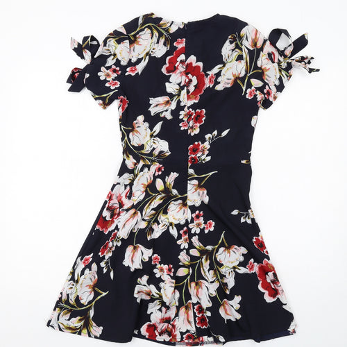 PARISIAN SIGNATURE Womens Blue Floral Polyester Fit & Flare Size 6 V-Neck Zip - Tie Sleeve Detail
