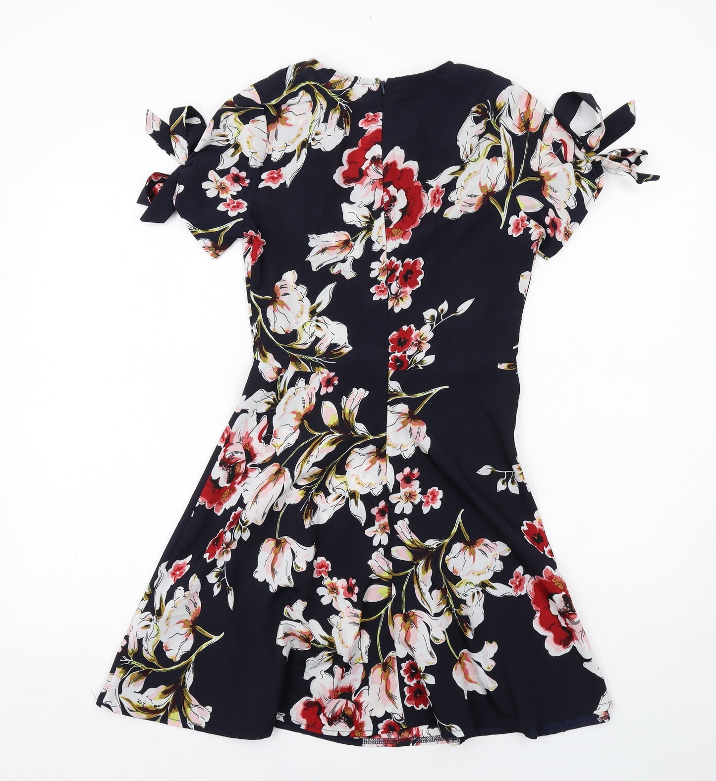PARISIAN SIGNATURE Womens Blue Floral Polyester Fit & Flare Size 6 V-Neck Zip - Tie Sleeve Detail