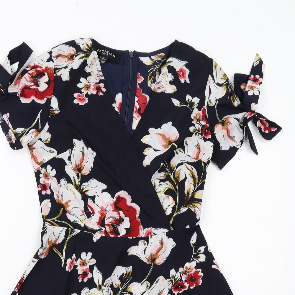 PARISIAN SIGNATURE Womens Blue Floral Polyester Fit & Flare Size 6 V-Neck Zip - Tie Sleeve Detail