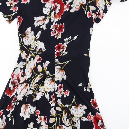 PARISIAN SIGNATURE Womens Blue Floral Polyester Fit & Flare Size 6 V-Neck Zip - Tie Sleeve Detail