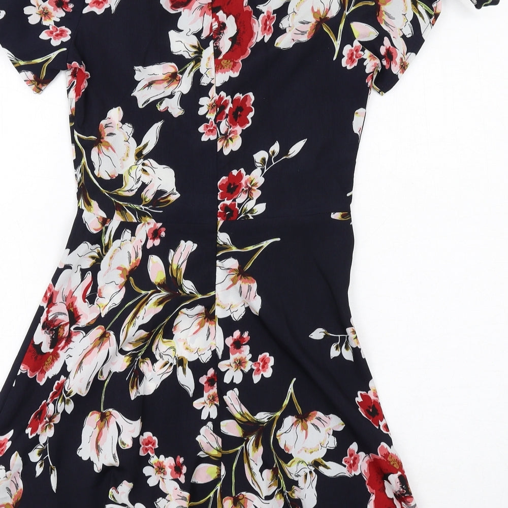 PARISIAN SIGNATURE Womens Blue Floral Polyester Fit & Flare Size 6 V-Neck Zip - Tie Sleeve Detail