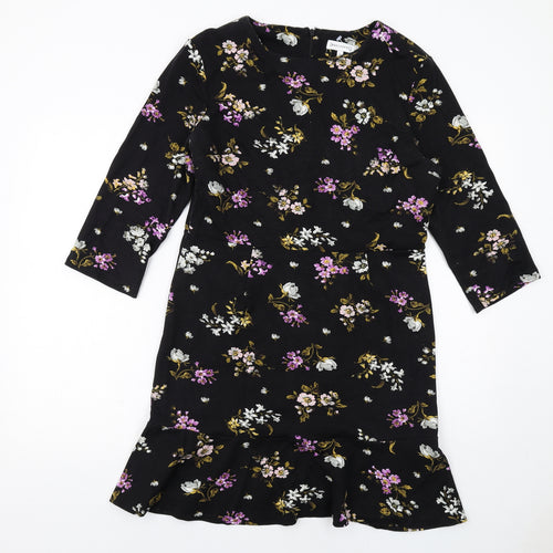 Warehouse Womens Black Floral Viscose A-Line Size 16 Boat Neck Zip