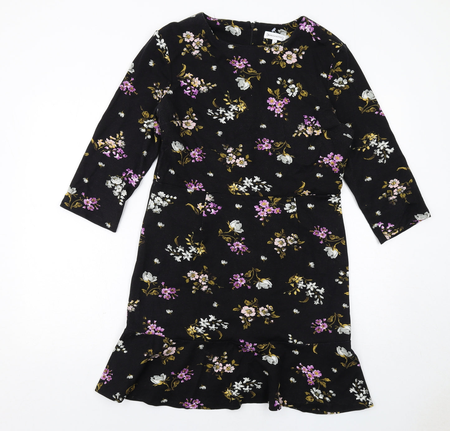 Warehouse Womens Black Floral Viscose A-Line Size 16 Boat Neck Zip