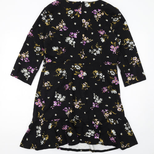 Warehouse Womens Black Floral Viscose A-Line Size 16 Boat Neck Zip