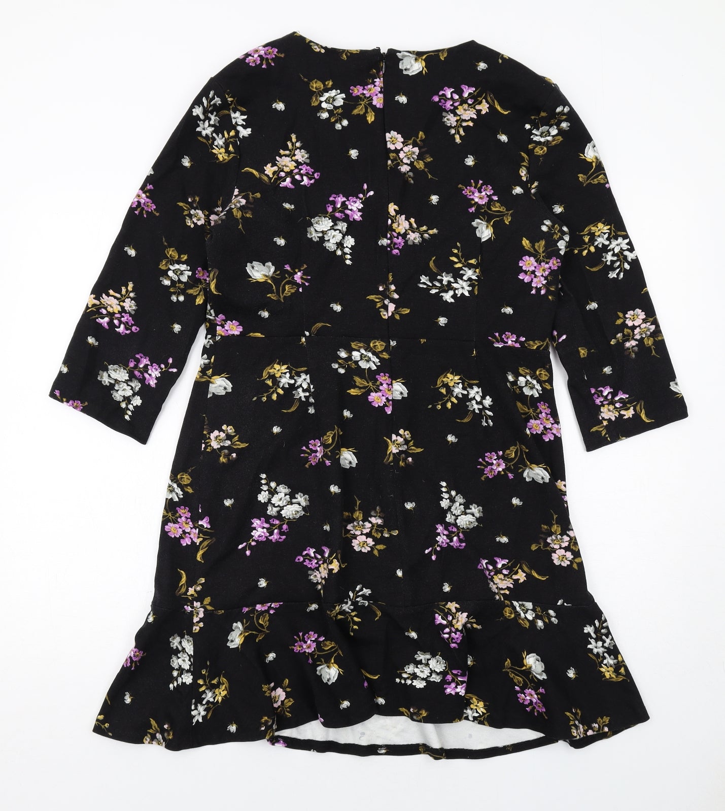 Warehouse Womens Black Floral Viscose A-Line Size 16 Boat Neck Zip