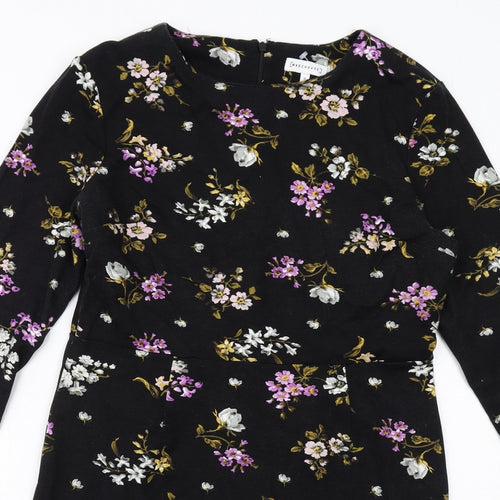 Warehouse Womens Black Floral Viscose A-Line Size 16 Boat Neck Zip