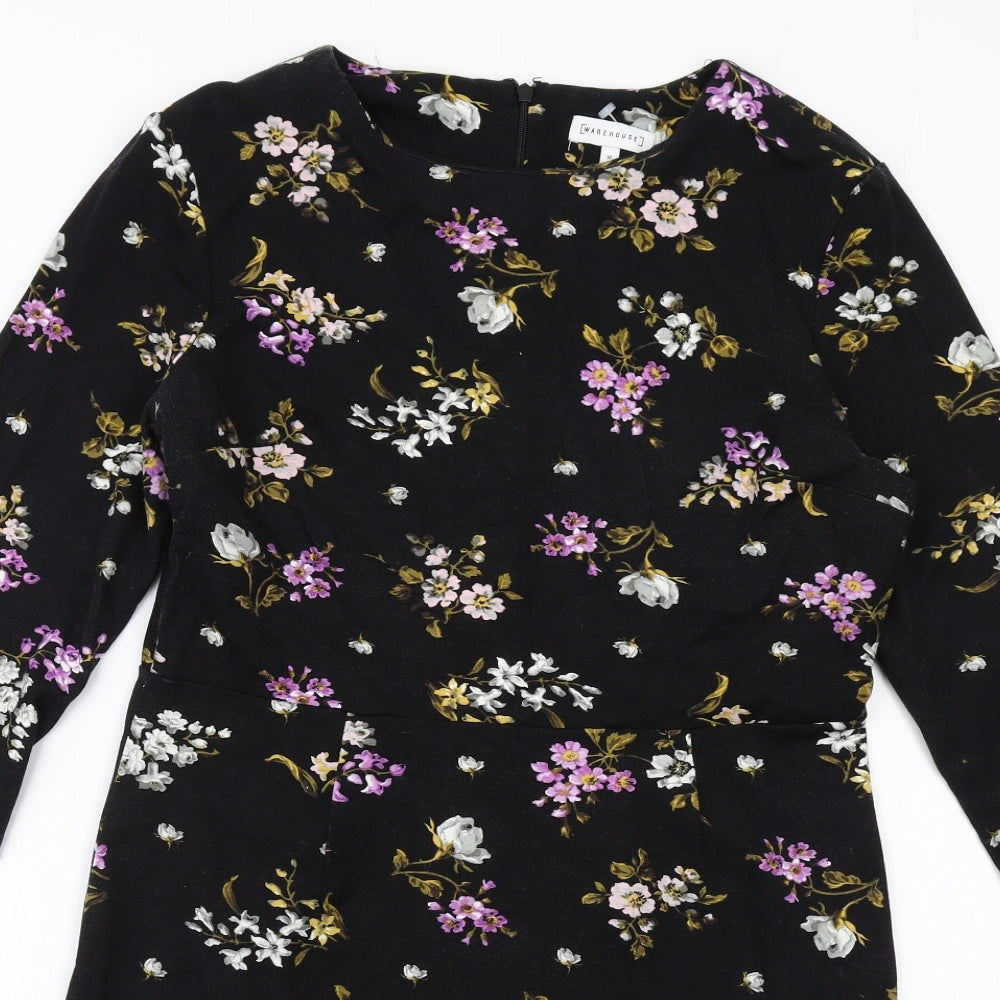 Warehouse Womens Black Floral Viscose A-Line Size 16 Boat Neck Zip