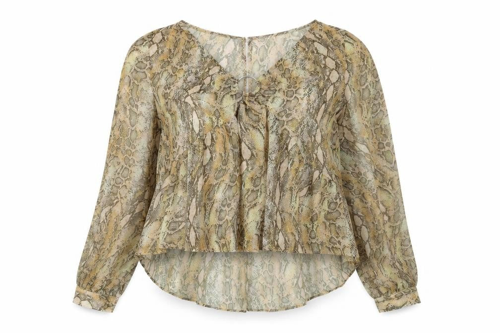 Front view of River Island women’s beige animal print polyester basic blouse, size UK 12, v-neck - snake print