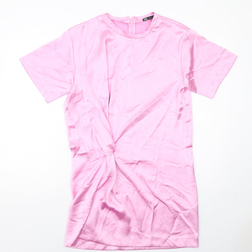 Zara Womens Pink Polyester Sheath Size L Round Neck Zip - Front Detail