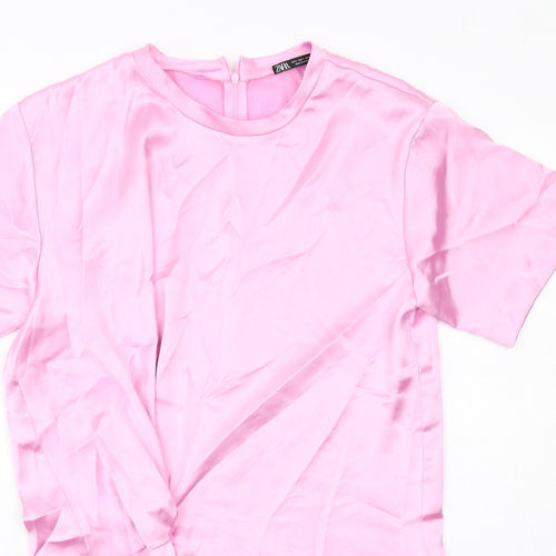 Zara Womens Pink Polyester Sheath Size L Round Neck Zip - Front Detail