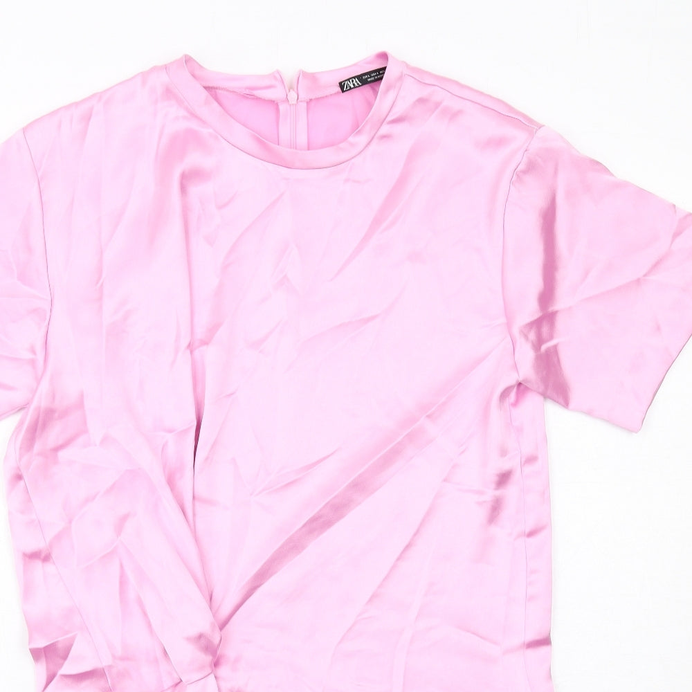 Zara Womens Pink Polyester Sheath Size L Round Neck Zip - Front Detail