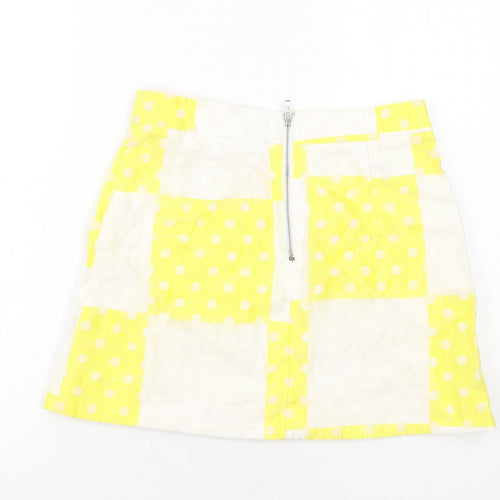 Topshop Womens Yellow Check Cotton A-Line Skirt Size 10 Zip - Polka Dot Pattern