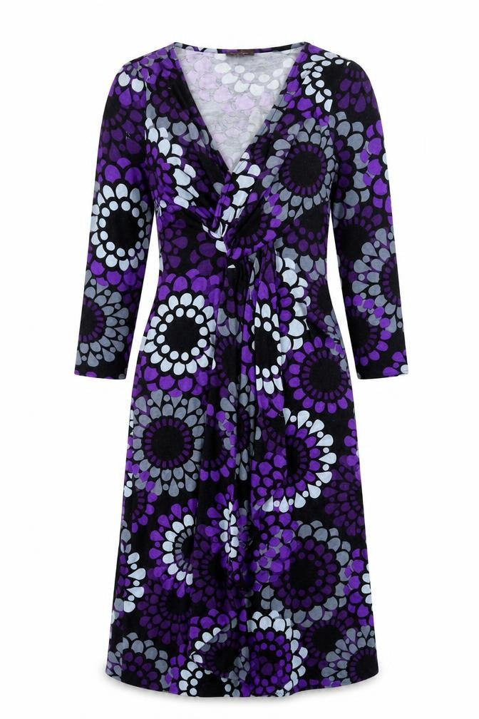 Front view of Phase Eight women’s purple geometric viscose a-line, size UK 10, v-neck pullover