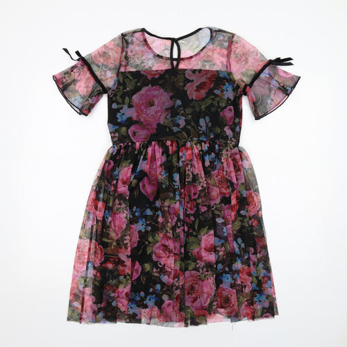 Justice Womens Multicoloured Floral Polyester Fit & Flare Size 14 Boat Neck Button - Rose Print