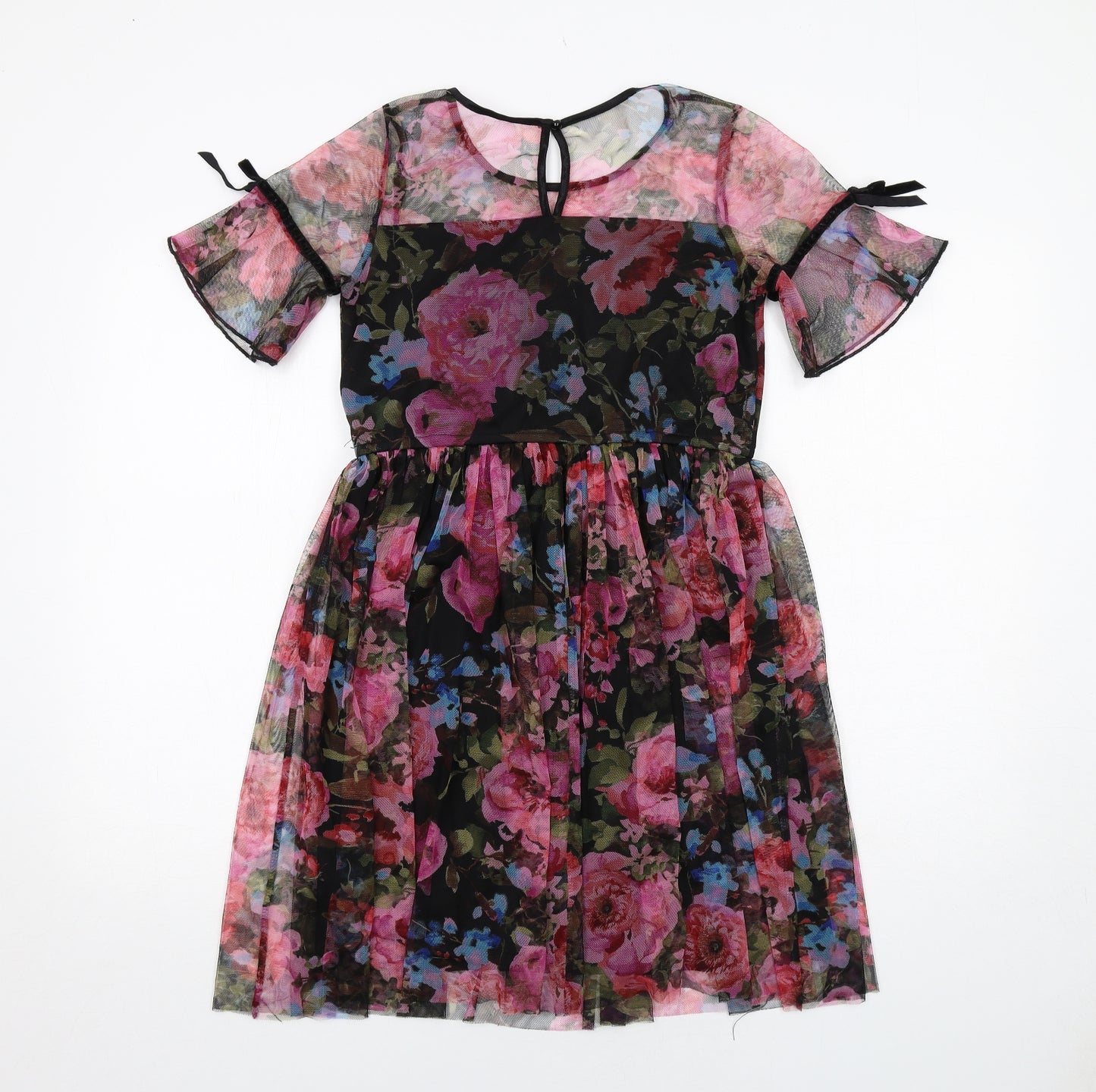 Justice Womens Multicoloured Floral Polyester Fit & Flare Size 14 Boat Neck Button - Rose Print