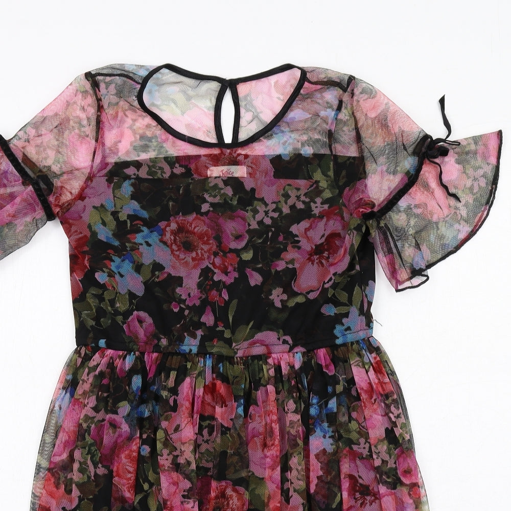 Justice Womens Multicoloured Floral Polyester Fit & Flare Size 14 Boat Neck Button - Rose Print
