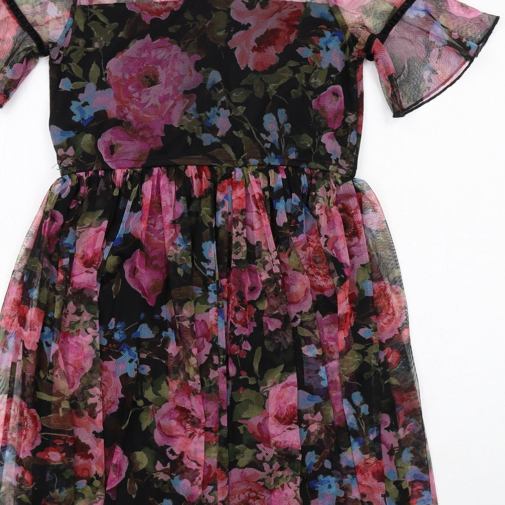 Justice Womens Multicoloured Floral Polyester Fit & Flare Size 14 Boat Neck Button - Rose Print