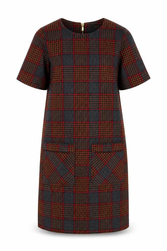 Front view of Next women’s multicoloured plaid polyester shift, size UK 8, boat neck zip