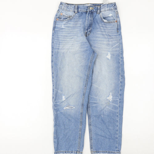 Zara Girls Blue Cotton Straight Jeans Size 11-12 Years Regular Zip - Distressed