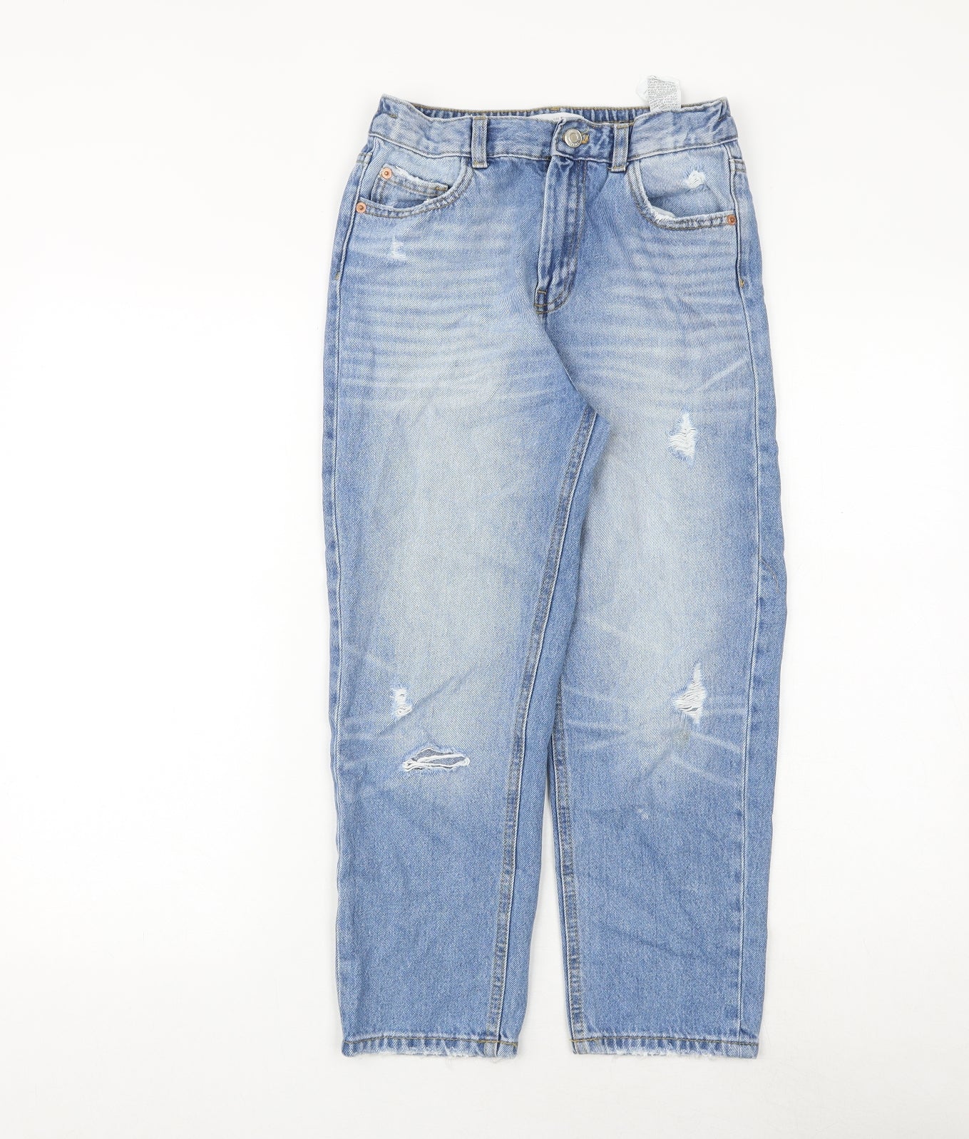 Zara Girls Blue Cotton Straight Jeans Size 11-12 Years Regular Zip - Distressed
