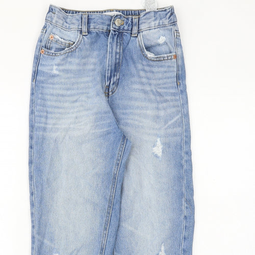 Zara Girls Blue Cotton Straight Jeans Size 11-12 Years Regular Zip - Distressed
