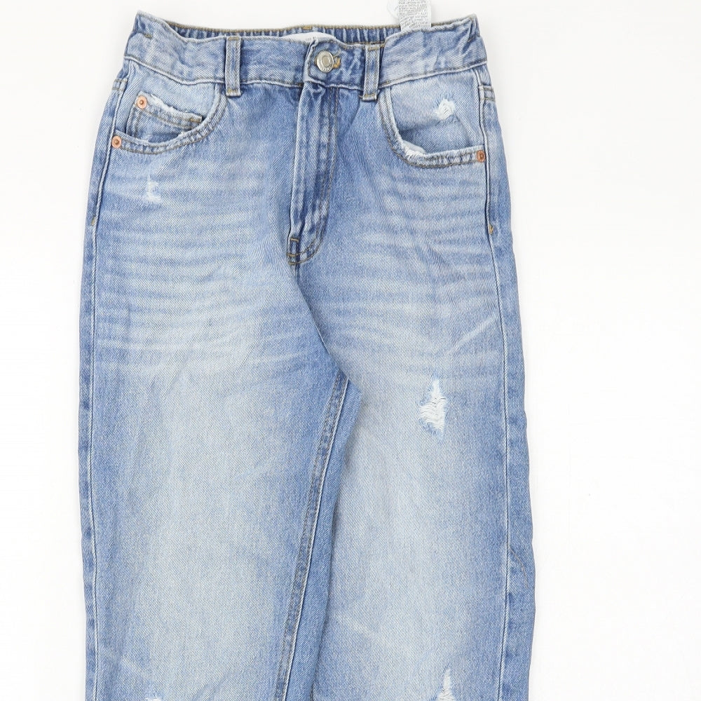 Zara Girls Blue Cotton Straight Jeans Size 11-12 Years Regular Zip - Distressed