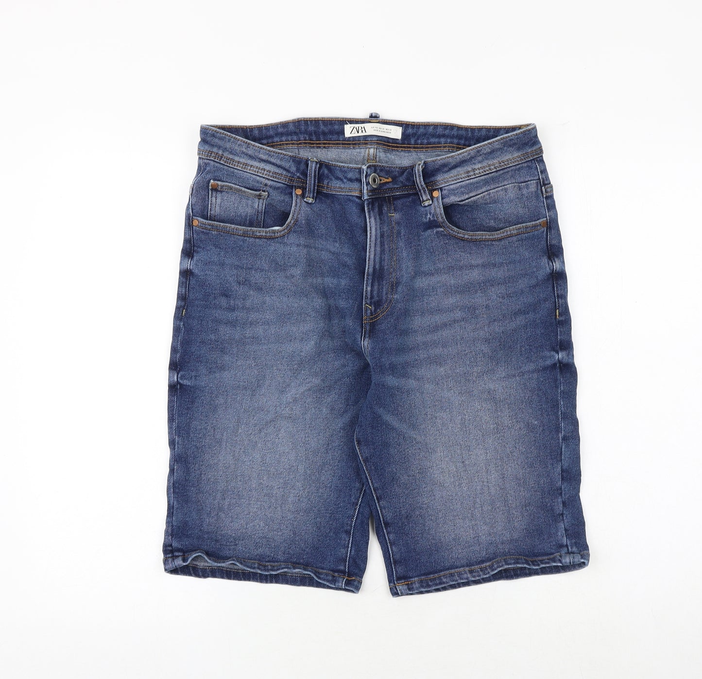 Zara Mens Blue Cotton Bermuda Shorts Size 33 in Regular Zip