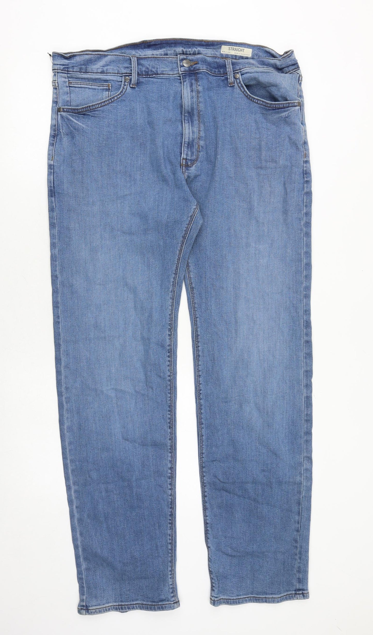Marks and Spencer Mens Blue Cotton Straight Jeans Size 38 in L33 in Regular Zip