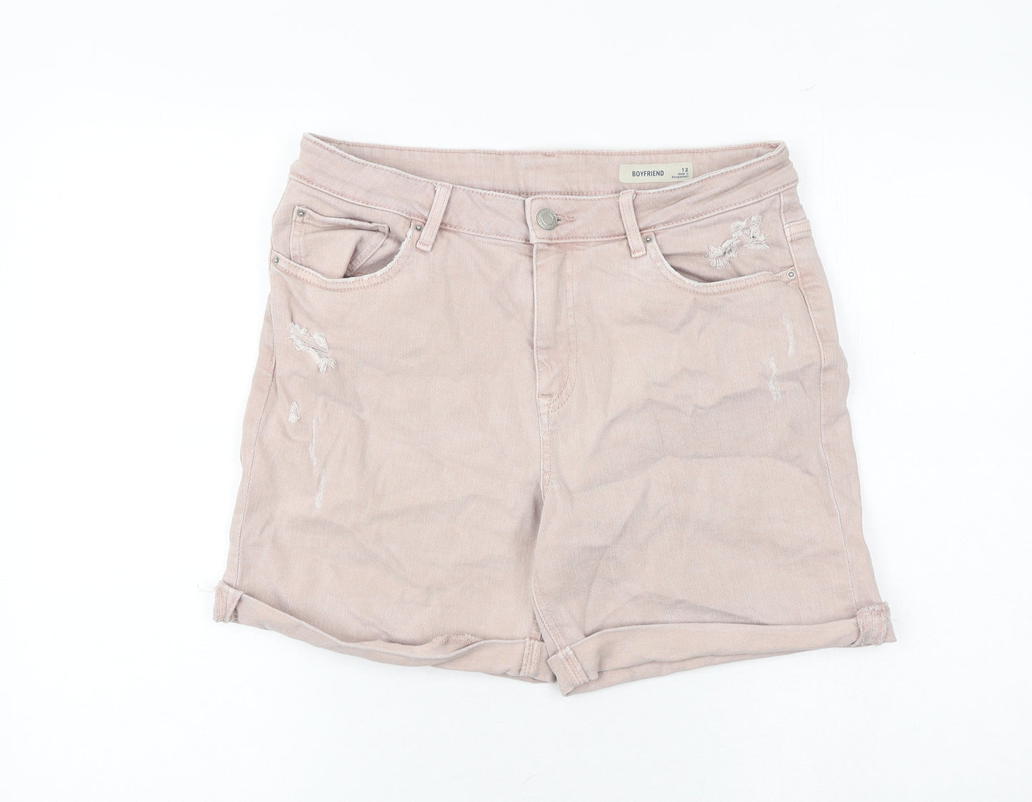 Marks and Spencer Womens Pink Cotton Boyfriend Shorts Size 12 Regular Zip - Distressed