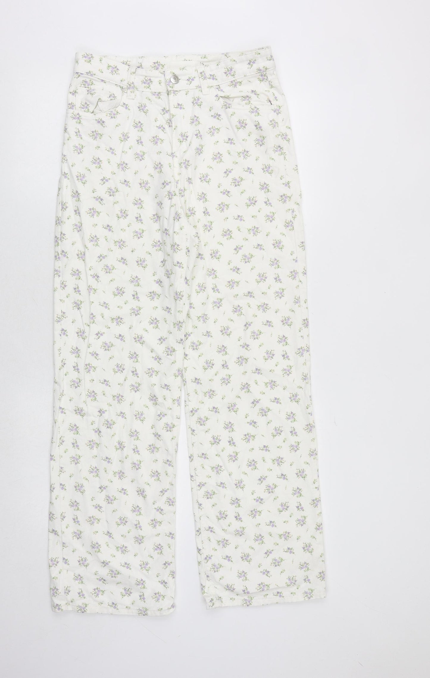H&M Womens White Floral Cotton Straight Jeans Size 10 Regular Zip