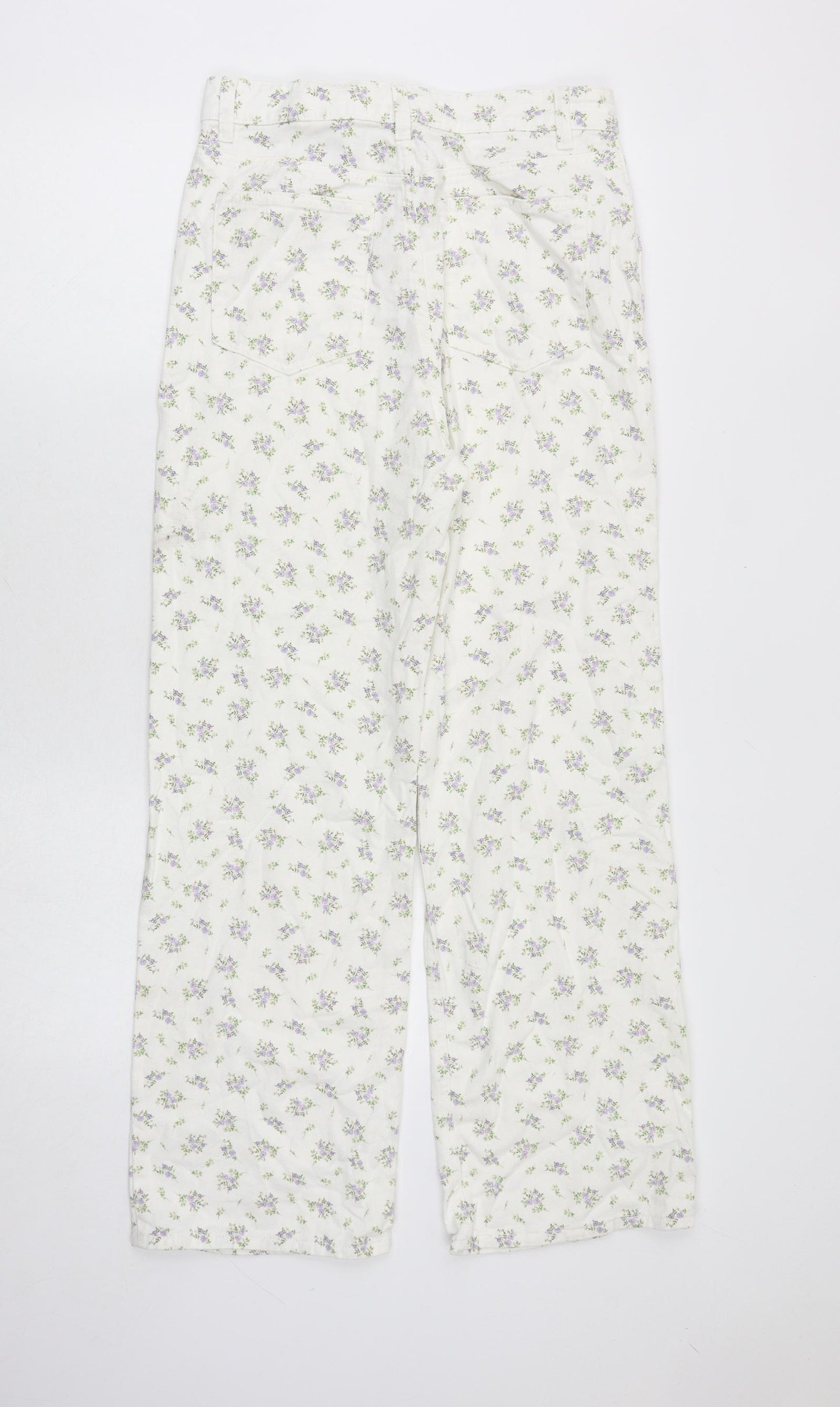 H&M Womens White Floral Cotton Straight Jeans Size 10 Regular Zip