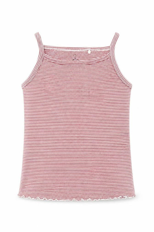 Front view of Next girls’ red striped cotton basic tank, size 9, years round neck pullover