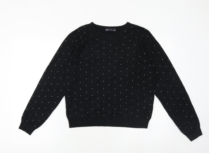 Marks and Spencer Womens Black Round Neck Polka Dot Viscose Pullover Jumper Size M