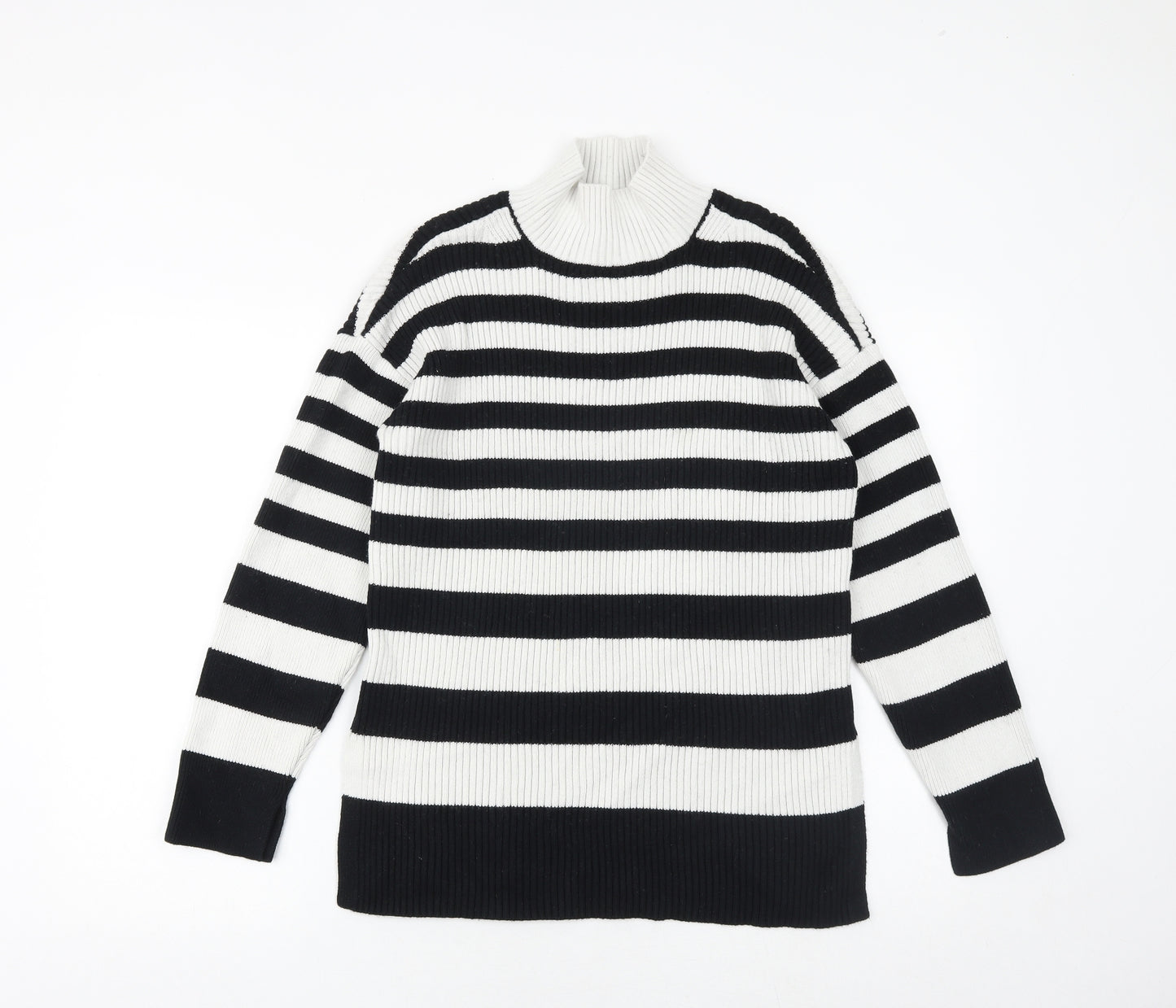 Marks and Spencer Womens Black Mock Neck Striped Cotton Pullover Jumper Size M
