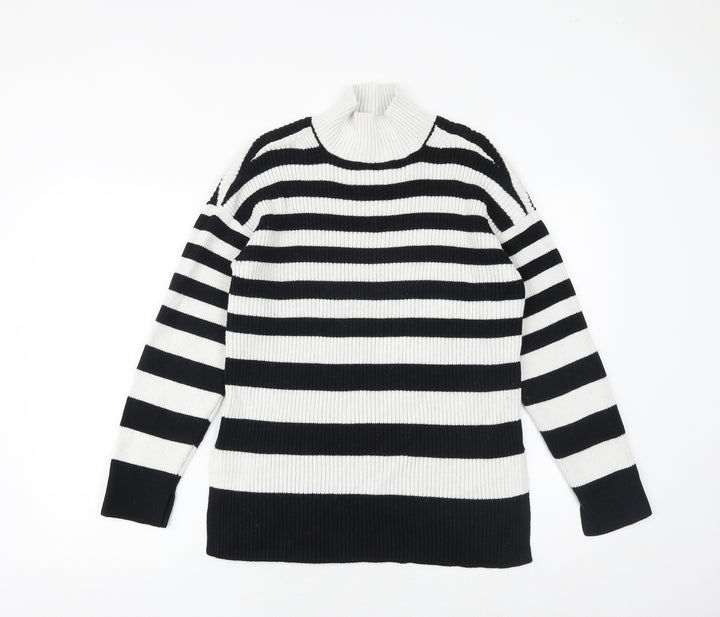 Marks and Spencer Womens Black Mock Neck Striped Cotton Pullover Jumper Size M